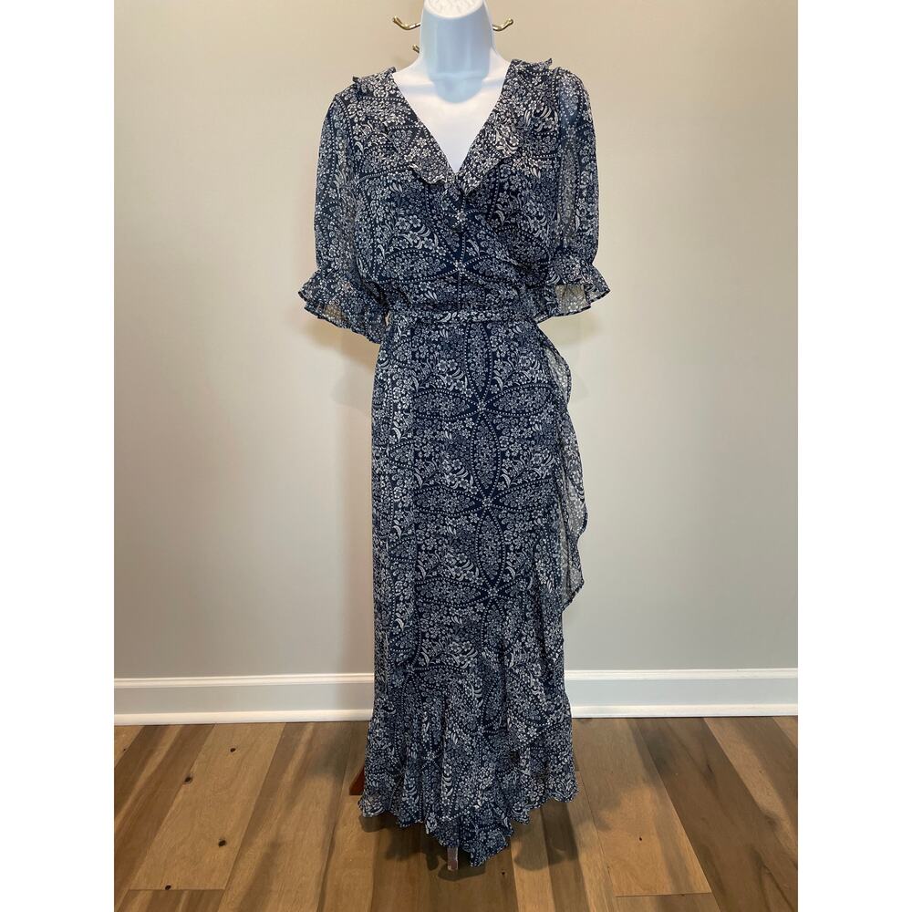 Lauren Conrad Dress NWT Size XXL Navy Blue Floral Maxi Sheer Puff Sleeves